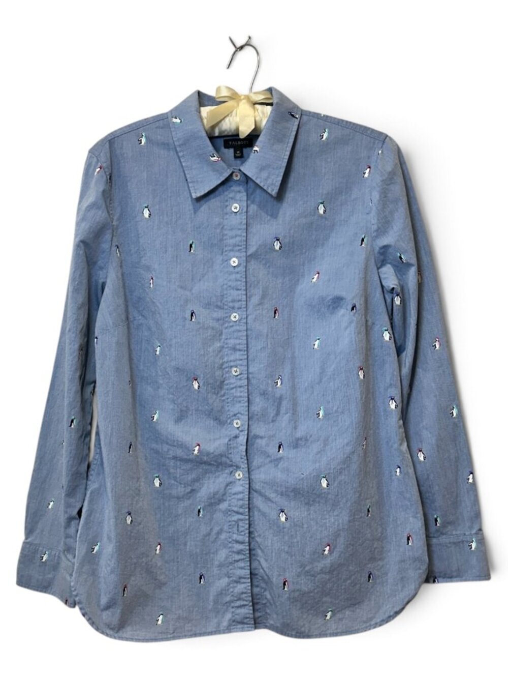 Talbots Women's Button Down Up Penguin Print Denim Blue Shirt M Preppy